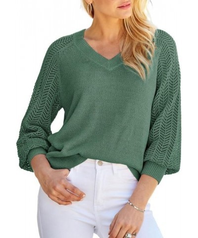 Women's Casual V-Neck Long Sleeve Sweaters Solid Color Pullover Knit Sweater Jumper Tops Mist Green $18.74 Sweaters