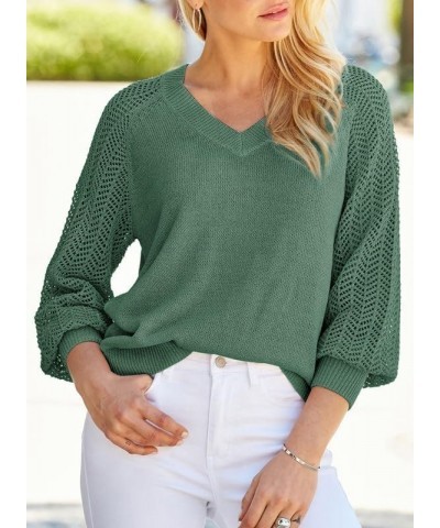 Women's Casual V-Neck Long Sleeve Sweaters Solid Color Pullover Knit Sweater Jumper Tops Mist Green $18.74 Sweaters