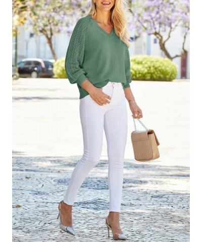 Women's Casual V-Neck Long Sleeve Sweaters Solid Color Pullover Knit Sweater Jumper Tops Mist Green $18.74 Sweaters