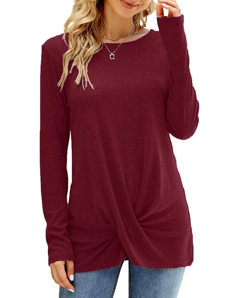 Women's Long Sleeve Twist Front Tunic Tops Crew Neck Casual Loose Fit Dressy Shirts Blouses Dark Red $12.95 Tops