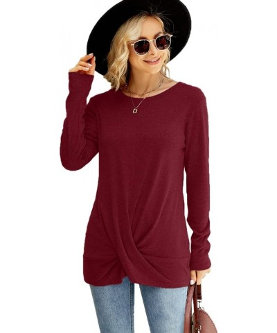 Women's Long Sleeve Twist Front Tunic Tops Crew Neck Casual Loose Fit Dressy Shirts Blouses Dark Red $12.95 Tops