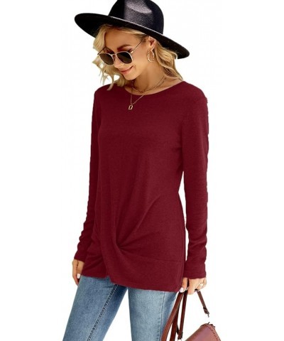 Women's Long Sleeve Twist Front Tunic Tops Crew Neck Casual Loose Fit Dressy Shirts Blouses Dark Red $12.95 Tops