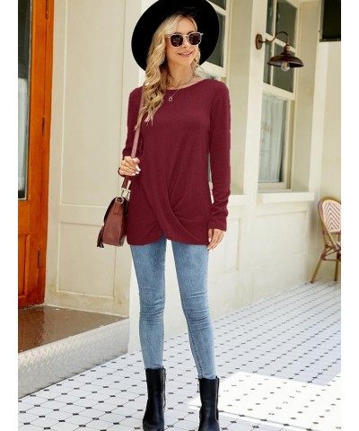 Women's Long Sleeve Twist Front Tunic Tops Crew Neck Casual Loose Fit Dressy Shirts Blouses Dark Red $12.95 Tops