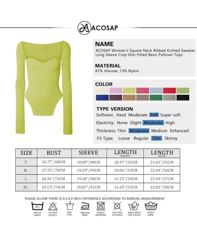 Women's Square Neck Ribbed Knitted Sweater Long Sleeve Crop Slim Fitted Basic Pullover Tops Bright Green $16.52 Sweaters