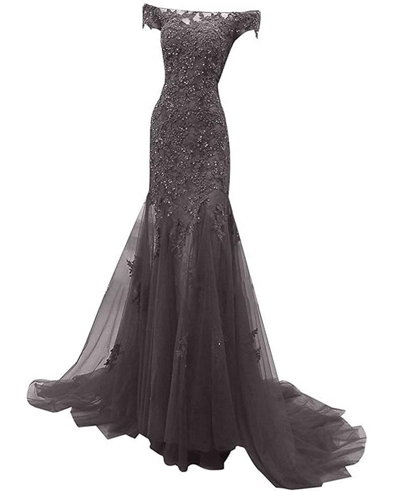 Women's Beaded Appliques Cap Sleeve Off Shoulder Mermaid Evening Dress Charcoal Grey $60.74 Dresses