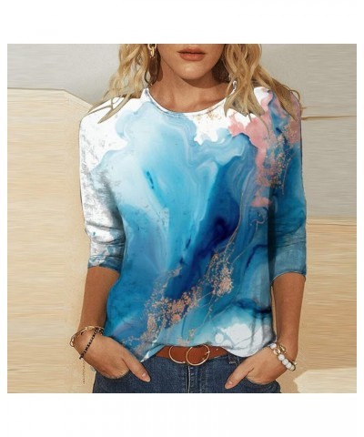 Womens Casual T Shirts 3/4 Sleeve Loose Work Tops Summer Floral Print Blouses Crewneck Loose Trendy Plus Size Tshirt 04 Sky B...