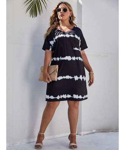 Women's Plus Size Casual Tie Dye Print Dress Crewneck Short Sleeve Loose T Shirt Mini Tee Dress Black $17.76 Dresses