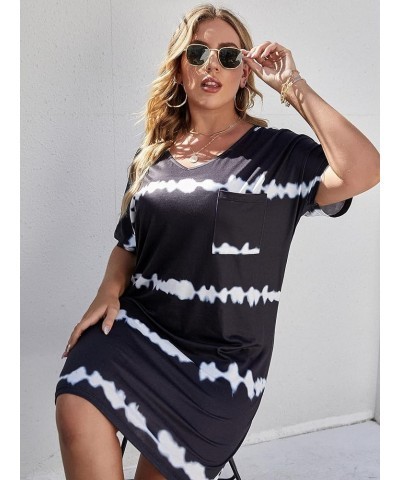 Women's Plus Size Casual Tie Dye Print Dress Crewneck Short Sleeve Loose T Shirt Mini Tee Dress Black $17.76 Dresses