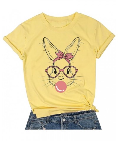 Bunny with Leopard Glasses T-Shirt for Women Cute Easter Bunny Graphic Tees Casual Short Sleeve Shirts Tops Yellow2 $8.80 T-S...