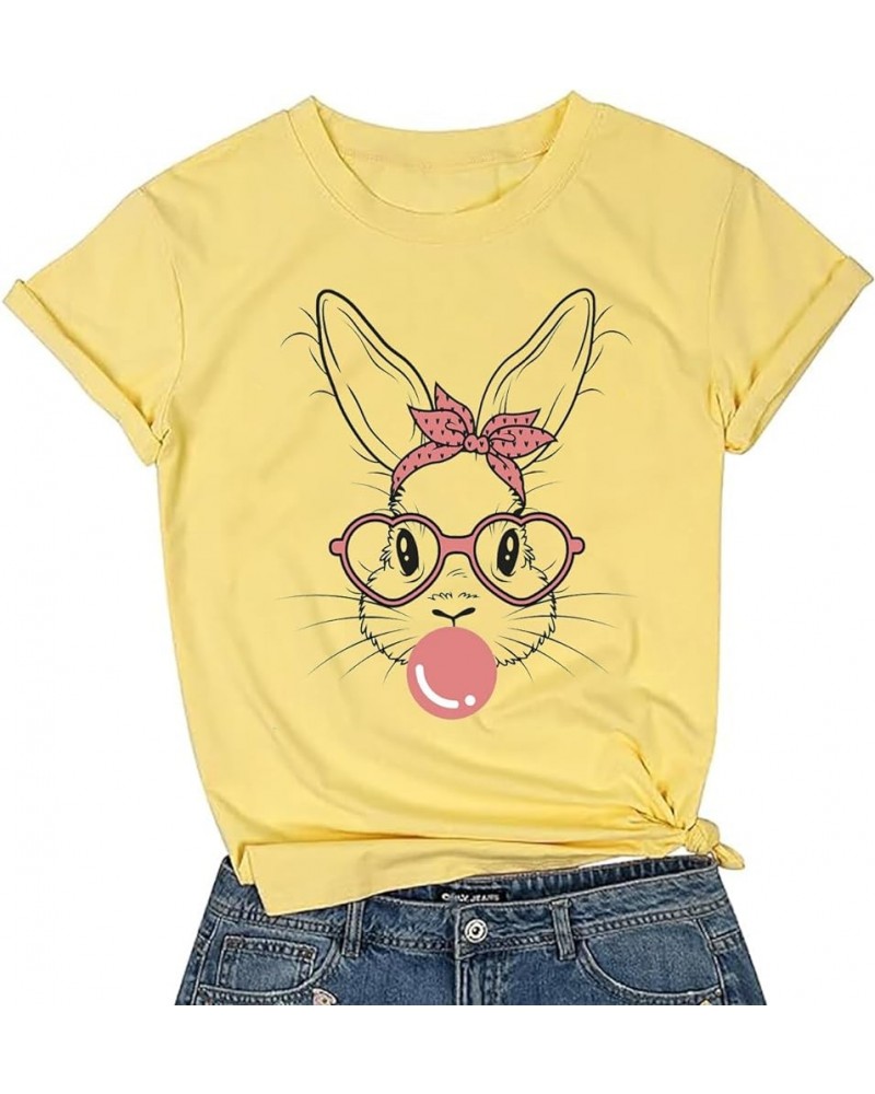 Bunny with Leopard Glasses T-Shirt for Women Cute Easter Bunny Graphic Tees Casual Short Sleeve Shirts Tops Yellow2 $8.80 T-S...
