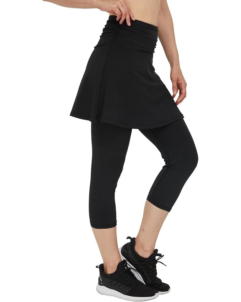 Women Skorts Pants Capri with Attached Skirt Golf Skirted Leggings Skirts with Leggings Pockets Workout 16" High Waist Black ...