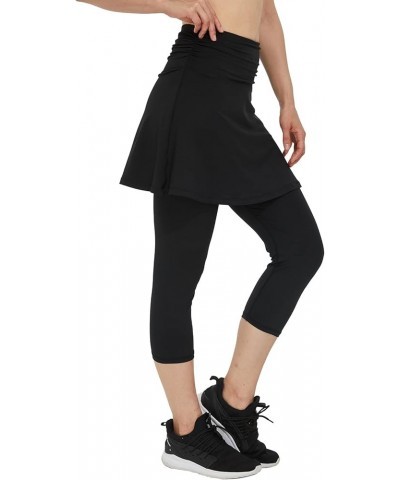 Women Skorts Pants Capri with Attached Skirt Golf Skirted Leggings Skirts with Leggings Pockets Workout 16" High Waist Black ...