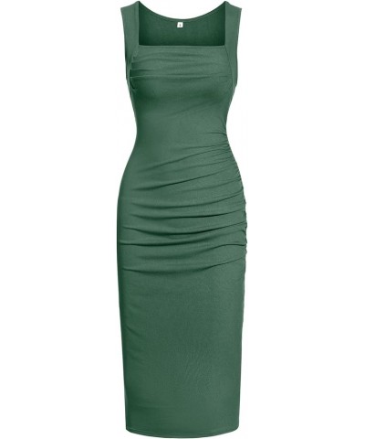 Women's Summer Sexy Square Neck Ruched Bodycon Tank Midi Dress Sleeveless Ribbed Knit Cocktail Party Dresses Grey-green $13.8...