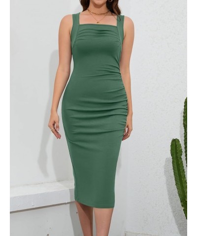 Women's Summer Sexy Square Neck Ruched Bodycon Tank Midi Dress Sleeveless Ribbed Knit Cocktail Party Dresses Grey-green $13.8...