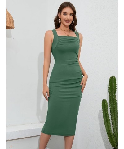 Women's Summer Sexy Square Neck Ruched Bodycon Tank Midi Dress Sleeveless Ribbed Knit Cocktail Party Dresses Grey-green $13.8...