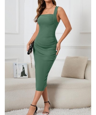 Women's Summer Sexy Square Neck Ruched Bodycon Tank Midi Dress Sleeveless Ribbed Knit Cocktail Party Dresses Grey-green $13.8...