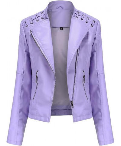 Women's PU Faux Leather Jackets Long Sleeve Zipper Slim Motor Biker Leather Coat Jackets Light Purple $19.80 Coats