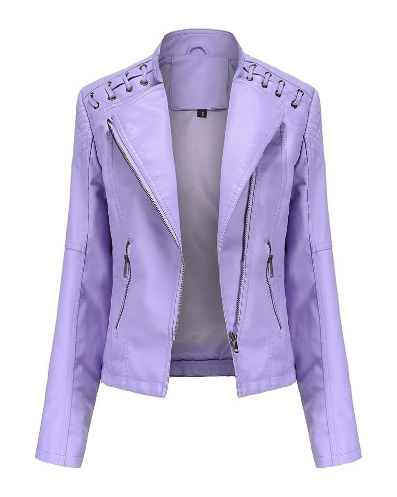 Women's PU Faux Leather Jackets Long Sleeve Zipper Slim Motor Biker Leather Coat Jackets Light Purple $19.80 Coats