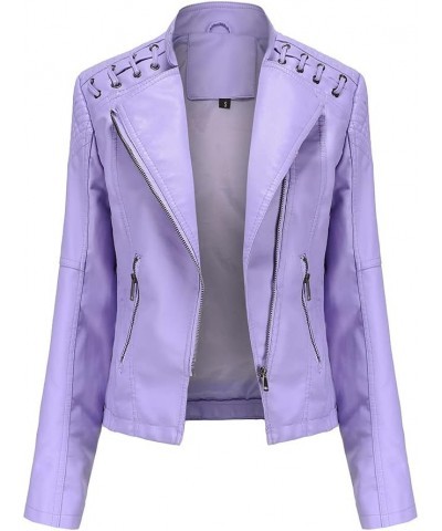 Women's PU Faux Leather Jackets Long Sleeve Zipper Slim Motor Biker Leather Coat Jackets Light Purple $19.80 Coats