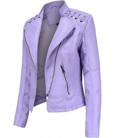 Women's PU Faux Leather Jackets Long Sleeve Zipper Slim Motor Biker Leather Coat Jackets Light Purple $19.80 Coats