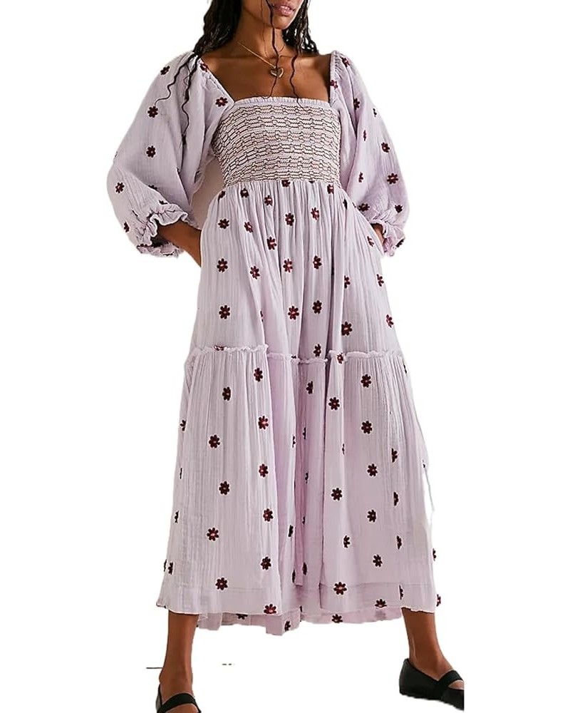 Women's Flower Embroidered Maxi Dress Lantern Sleeve Square Neck Tiered Flowy Spring Fall Dress Purple $16.19 Dresses