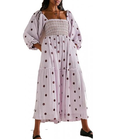 Women's Flower Embroidered Maxi Dress Lantern Sleeve Square Neck Tiered Flowy Spring Fall Dress Purple $16.19 Dresses