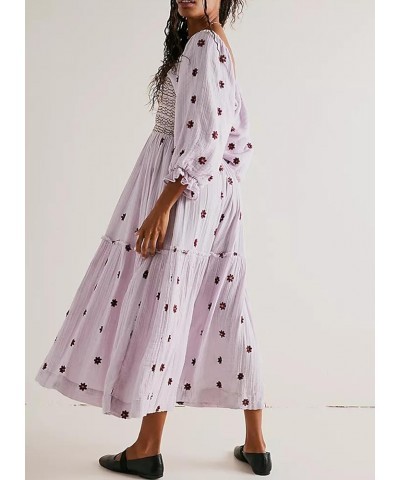 Women's Flower Embroidered Maxi Dress Lantern Sleeve Square Neck Tiered Flowy Spring Fall Dress Purple $16.19 Dresses