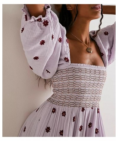 Women's Flower Embroidered Maxi Dress Lantern Sleeve Square Neck Tiered Flowy Spring Fall Dress Purple $16.19 Dresses