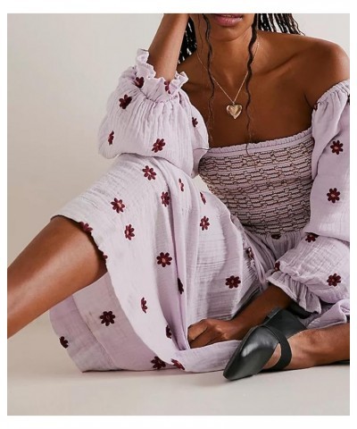 Women's Flower Embroidered Maxi Dress Lantern Sleeve Square Neck Tiered Flowy Spring Fall Dress Purple $16.19 Dresses