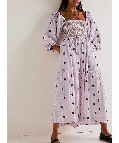 Women's Flower Embroidered Maxi Dress Lantern Sleeve Square Neck Tiered Flowy Spring Fall Dress Purple $16.19 Dresses