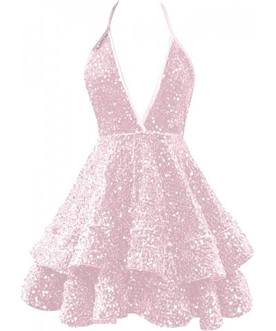 Sequin Short Prom Dresses for Teens 2023 Sparkly Cocktail Dresses Sexy Halter Homecoming Dress Light Pink $28.98 Dresses