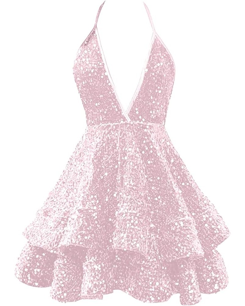Sequin Short Prom Dresses for Teens 2023 Sparkly Cocktail Dresses Sexy Halter Homecoming Dress Light Pink $28.98 Dresses