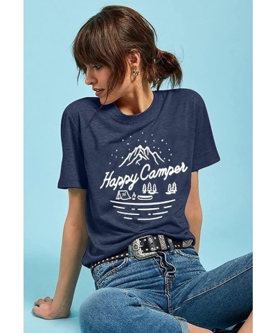 Happy Camper T-Shirt Women Hiking Mountain Adventure Novelty Workout Funny Saying Cute Graphic Athletic Shirt Navy Blue $10.9...