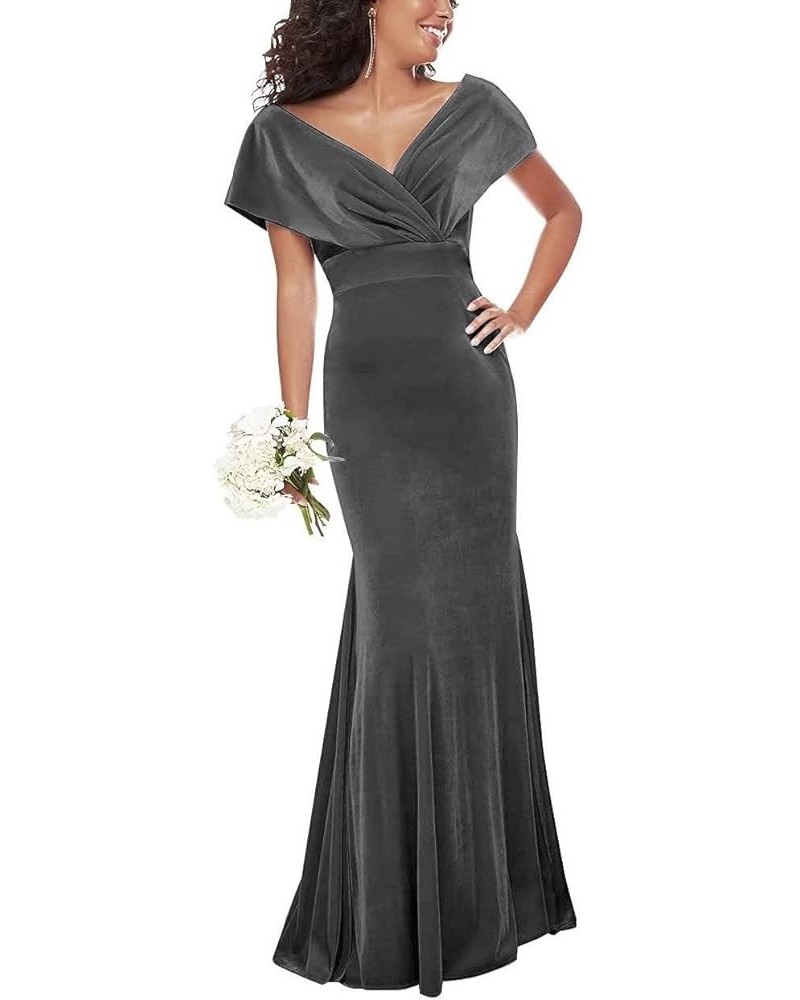 Ruched Mermaid Velvet Prom Dress Long with Sleeves V Neck Evening Party Dress Wrap Formal Gowns Grey $35.25 Dresses