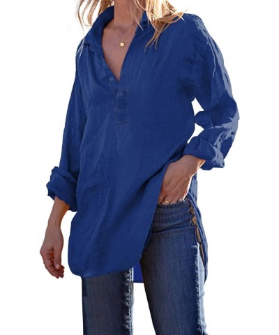 Womens Cotton Linen Tunic Shirts Button Down Long Sleeve Collared Summer Beach Pullover Tops Royal Blue $16.09 Blouses