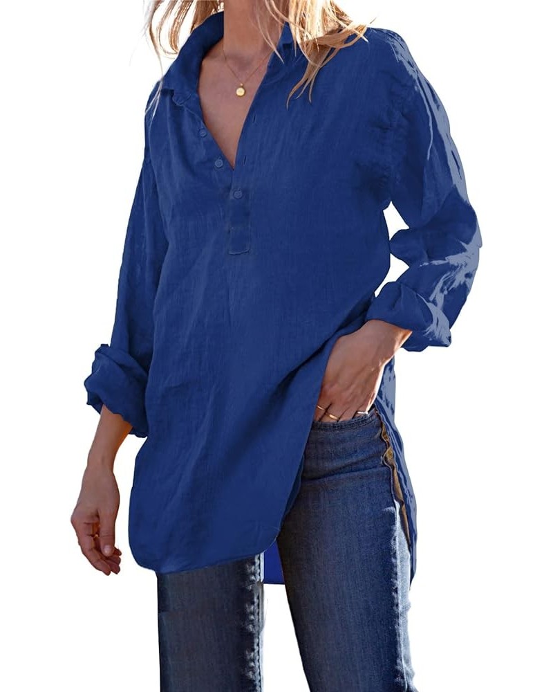 Womens Cotton Linen Tunic Shirts Button Down Long Sleeve Collared Summer Beach Pullover Tops Royal Blue $16.09 Blouses