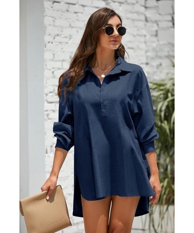 Womens Cotton Linen Tunic Shirts Button Down Long Sleeve Collared Summer Beach Pullover Tops Royal Blue $16.09 Blouses