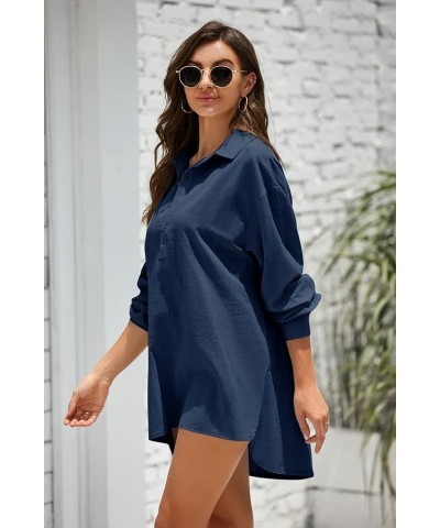 Womens Cotton Linen Tunic Shirts Button Down Long Sleeve Collared Summer Beach Pullover Tops Royal Blue $16.09 Blouses