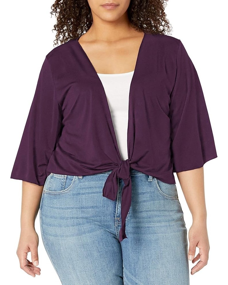 Women's Plus Size 3/4 Sleeve Tiefront Shrug Plum Solid $10.93 Sweaters