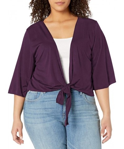 Women's Plus Size 3/4 Sleeve Tiefront Shrug Plum Solid $10.93 Sweaters