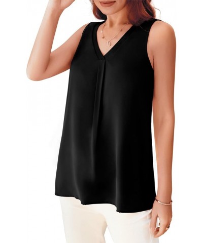 Womens Sleeveless Chiffon Tank Tops V Neck Pleated Casual Summer Tank Blouse 01 Black $14.49 Tanks