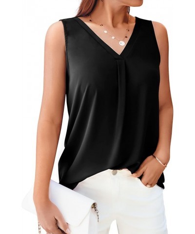 Womens Sleeveless Chiffon Tank Tops V Neck Pleated Casual Summer Tank Blouse 01 Black $14.49 Tanks