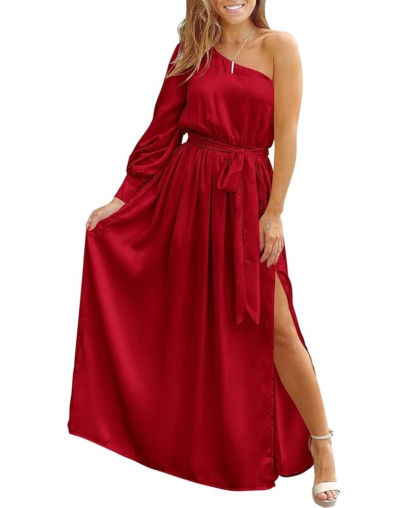 Women's Satin Long Sleeve One Shoulder Maxi Dress Asymmetrical Tie Waist Slit Party Cocktail Long Formal Prom Dress Red $18.5...