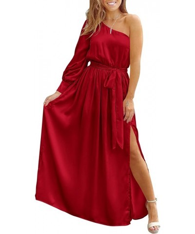 Women's Satin Long Sleeve One Shoulder Maxi Dress Asymmetrical Tie Waist Slit Party Cocktail Long Formal Prom Dress Red $18.5...