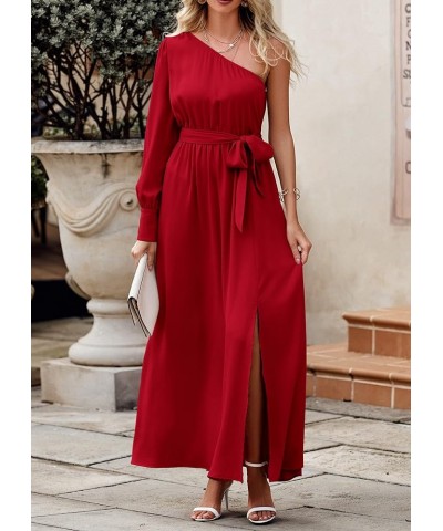 Women's Satin Long Sleeve One Shoulder Maxi Dress Asymmetrical Tie Waist Slit Party Cocktail Long Formal Prom Dress Red $18.5...