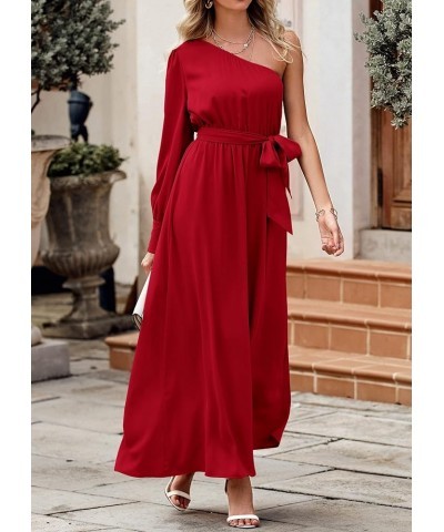 Women's Satin Long Sleeve One Shoulder Maxi Dress Asymmetrical Tie Waist Slit Party Cocktail Long Formal Prom Dress Red $18.5...