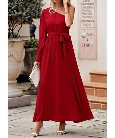 Women's Satin Long Sleeve One Shoulder Maxi Dress Asymmetrical Tie Waist Slit Party Cocktail Long Formal Prom Dress Red $18.5...