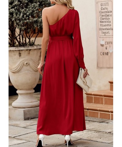 Women's Satin Long Sleeve One Shoulder Maxi Dress Asymmetrical Tie Waist Slit Party Cocktail Long Formal Prom Dress Red $18.5...