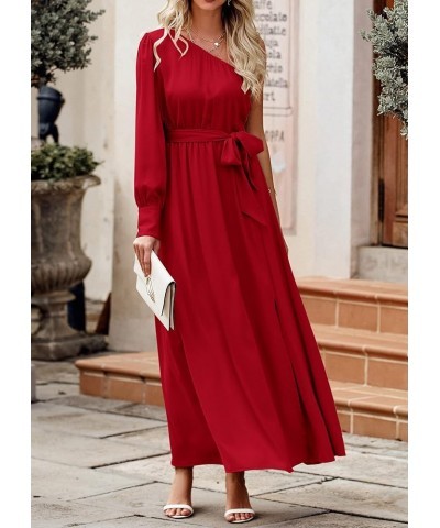 Women's Satin Long Sleeve One Shoulder Maxi Dress Asymmetrical Tie Waist Slit Party Cocktail Long Formal Prom Dress Red $18.5...