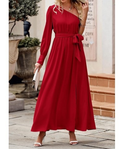 Women's Satin Long Sleeve One Shoulder Maxi Dress Asymmetrical Tie Waist Slit Party Cocktail Long Formal Prom Dress Red $18.5...